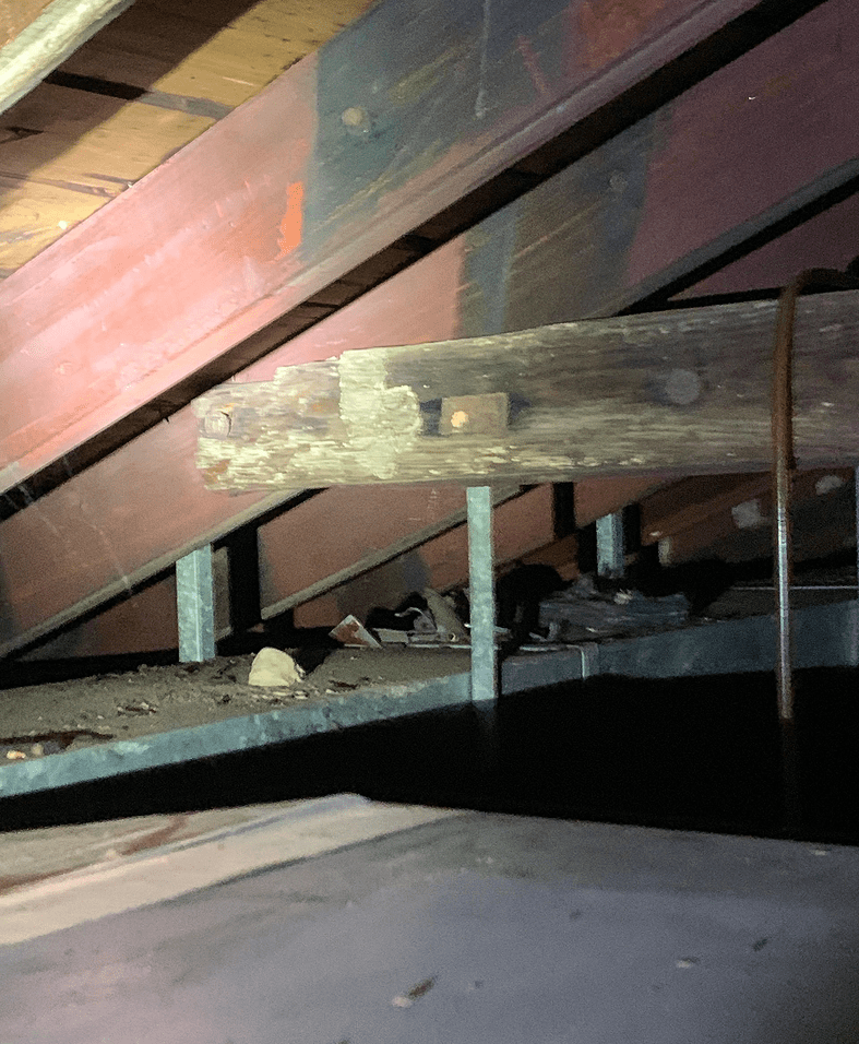 Wooden beams and metal supports in attic.