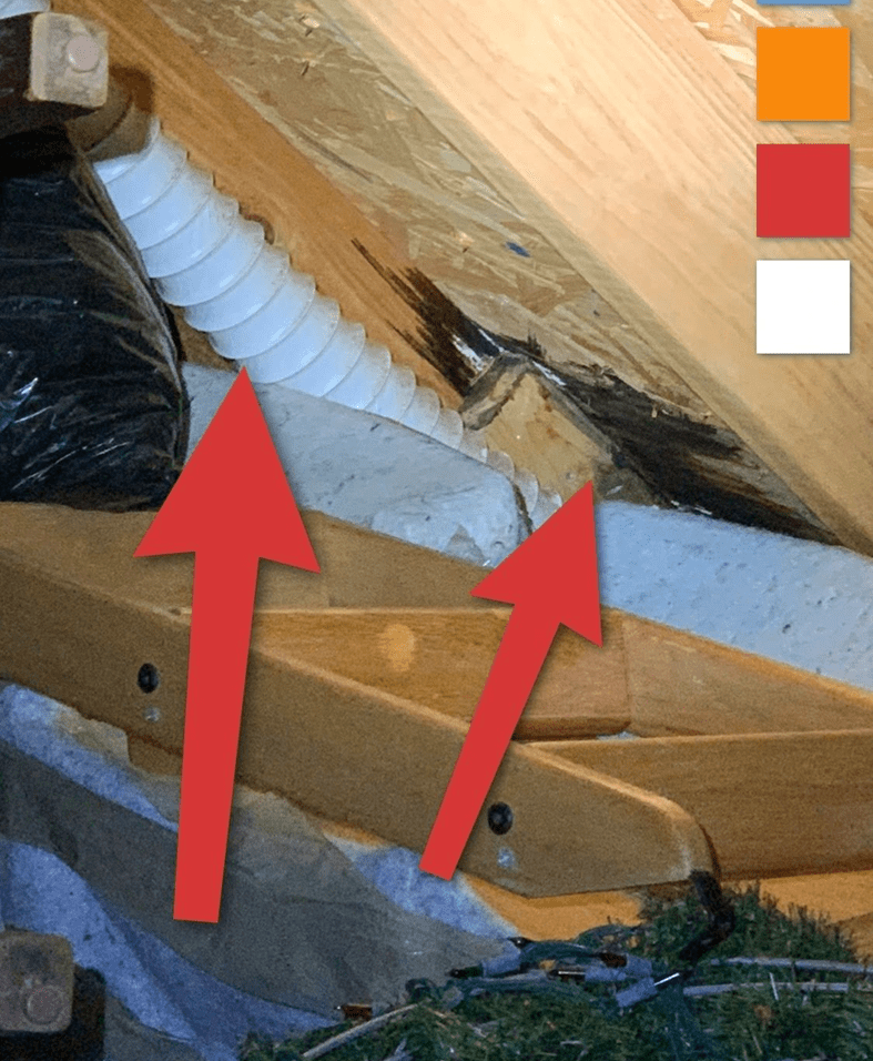 Attic with damaged insulation and mold growth.