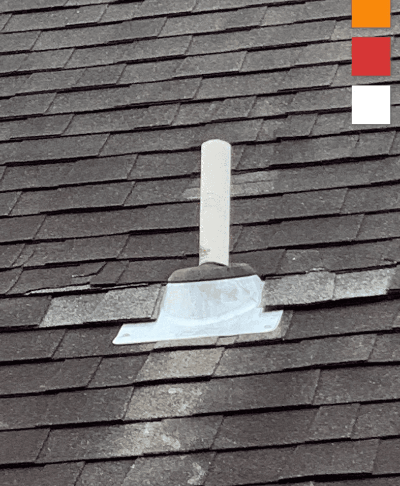 Roof with vent pipe and shingles.