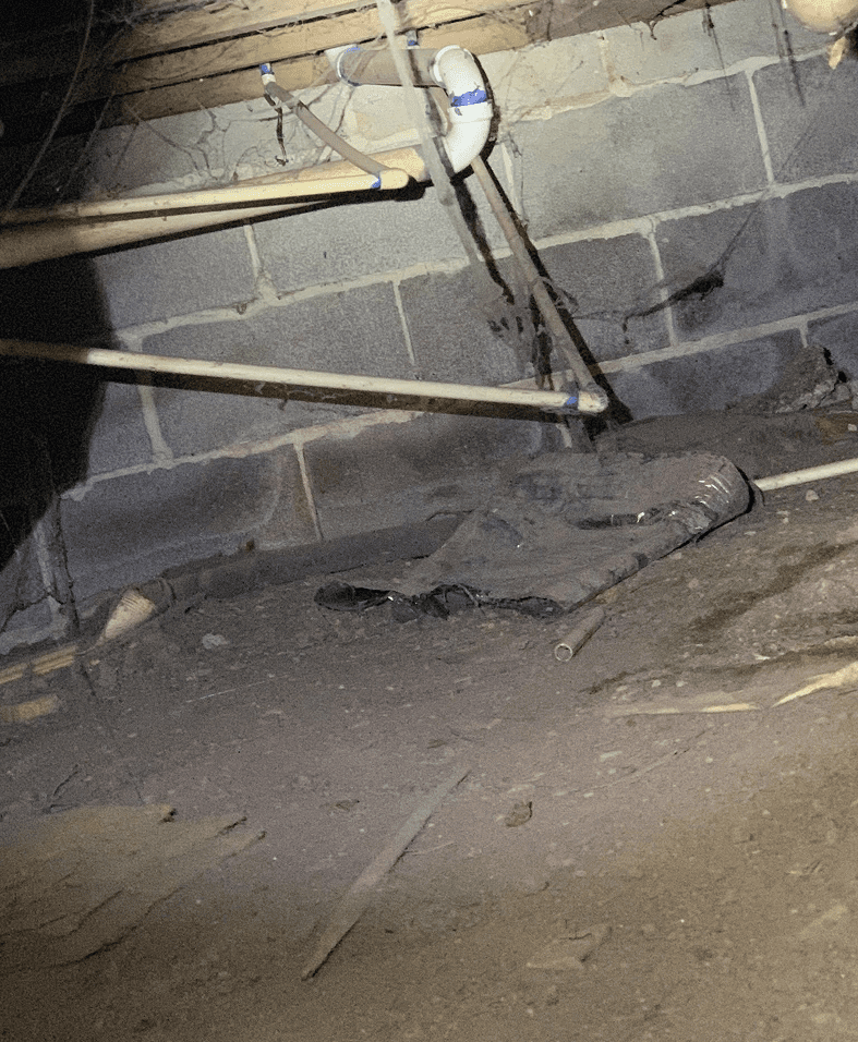 Crawl space with pipes and exposed dirt floor.