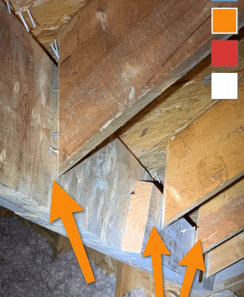 Wooden beams with visible cracks and arrows.