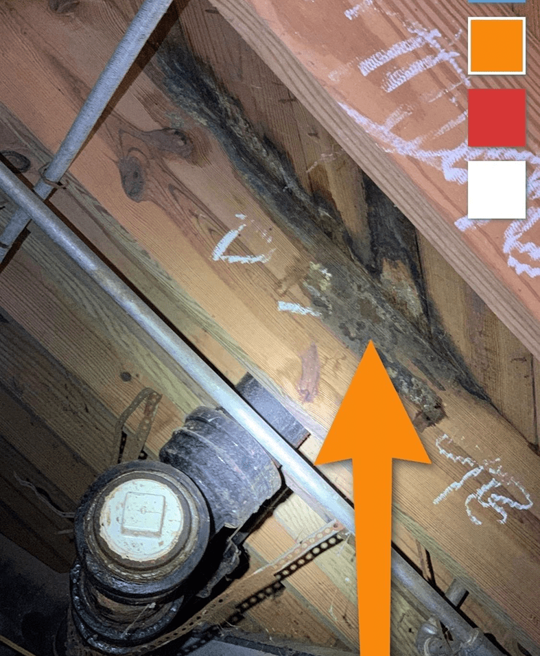 Water damage on wooden rafters in attic.