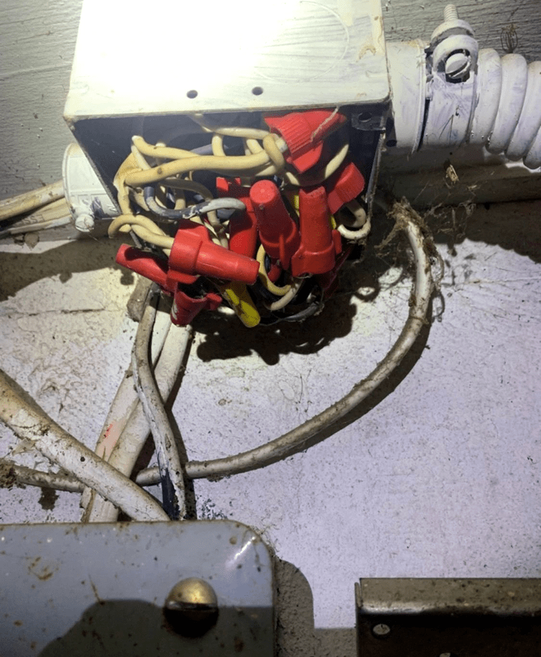 Exposed electrical wiring in a junction box.