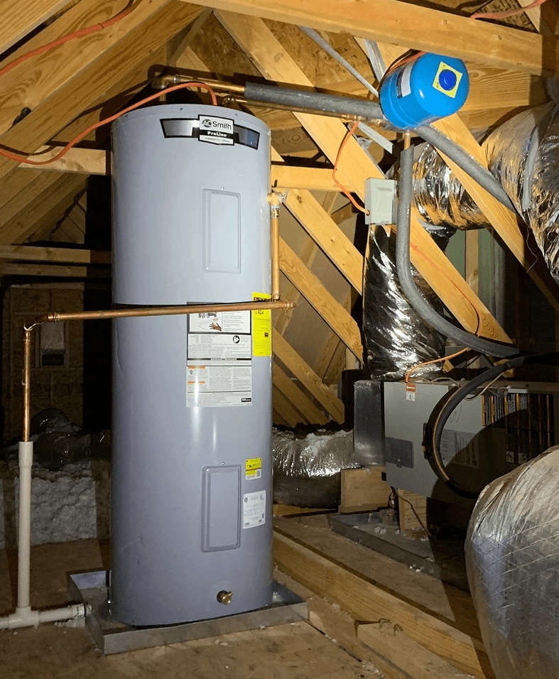 Water heater in an attic installation.