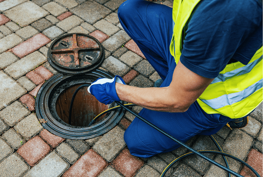 Worker inspecting underground utility hole.