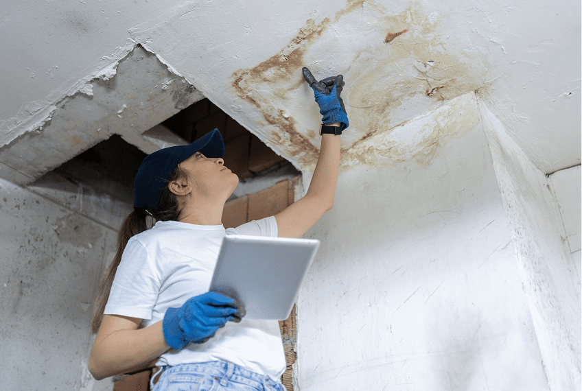 Person inspecting ceiling water damage with tablet.