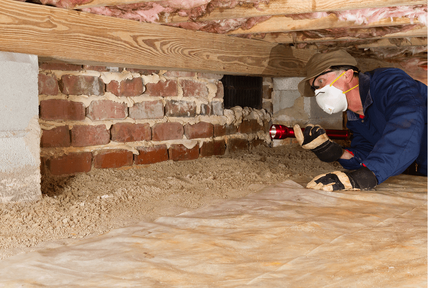 Inspector examining crawl space with flashlight.